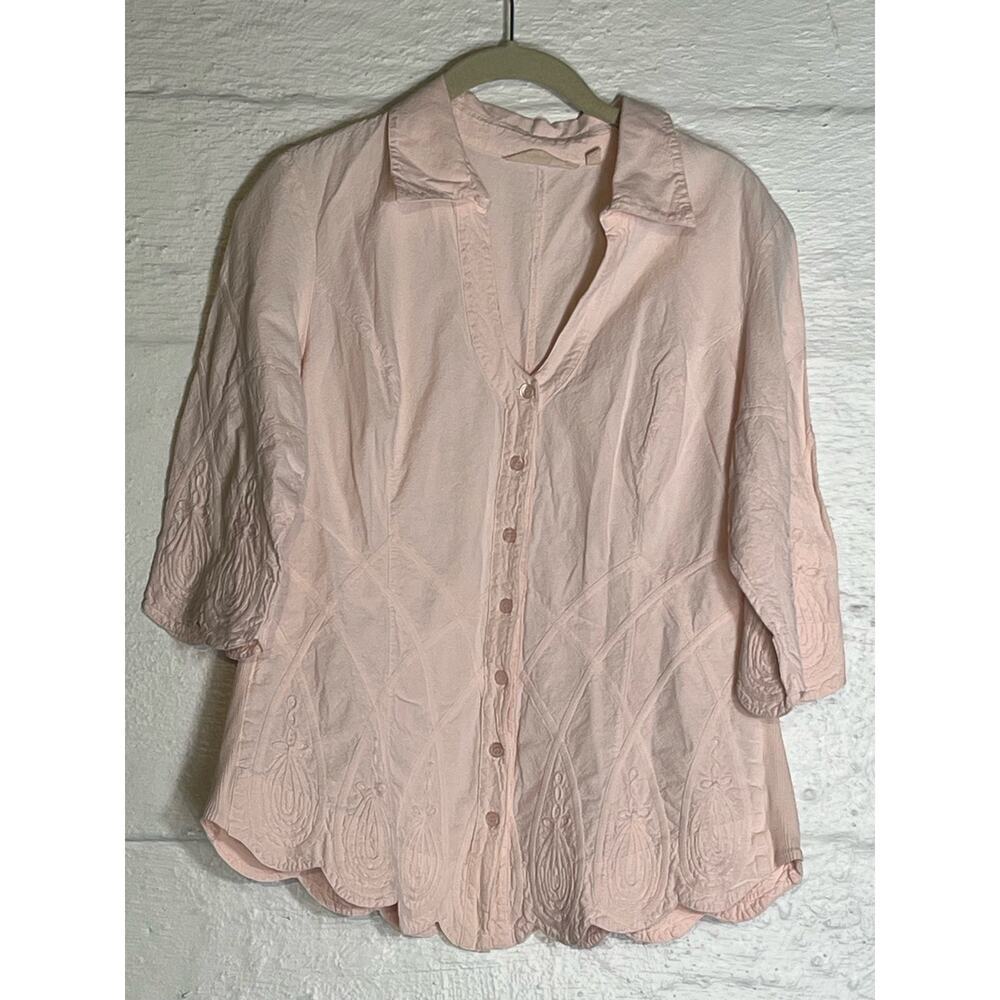 Soft Surroundings Pink Button Front Scalloped Hem Work Of Art Shirt Size Small